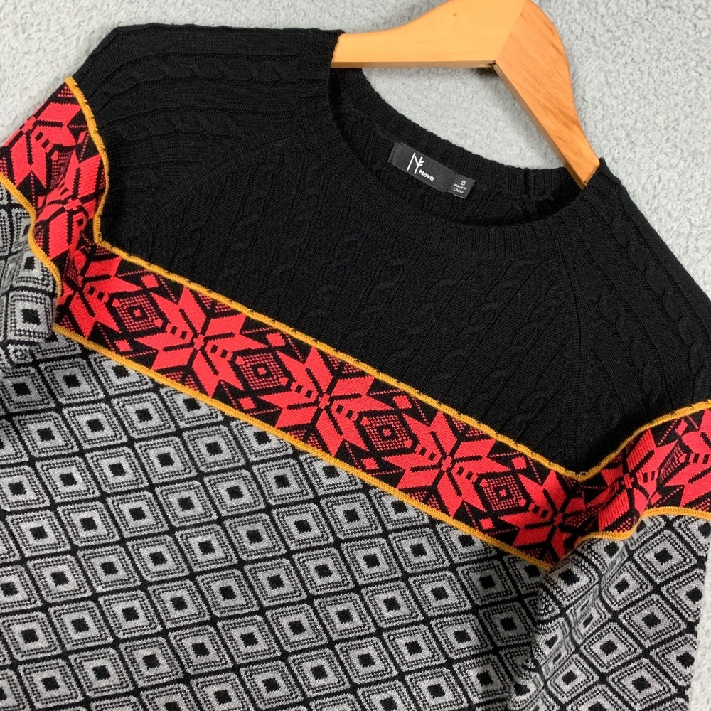Neve Merino Sweater Women's Small Gray/Black/Red Nordic Patterned Wool Knit Crew